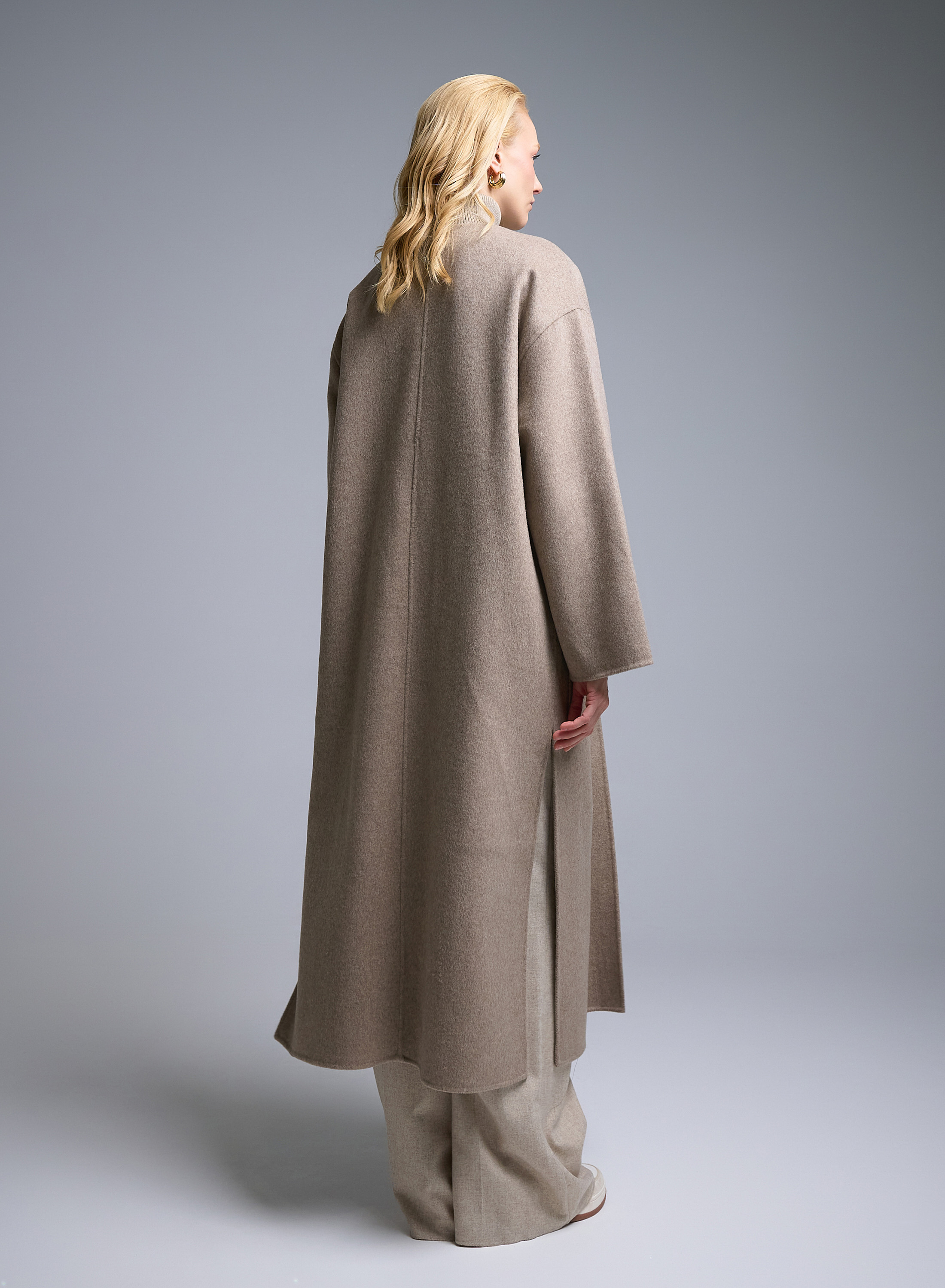 Taupe belted Coat with round neckline, front pockets and with side slits Milla - 5