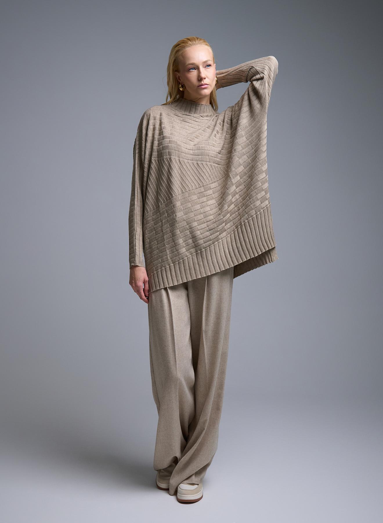 Taupe oversized high neck Sweater with textured details See - 2