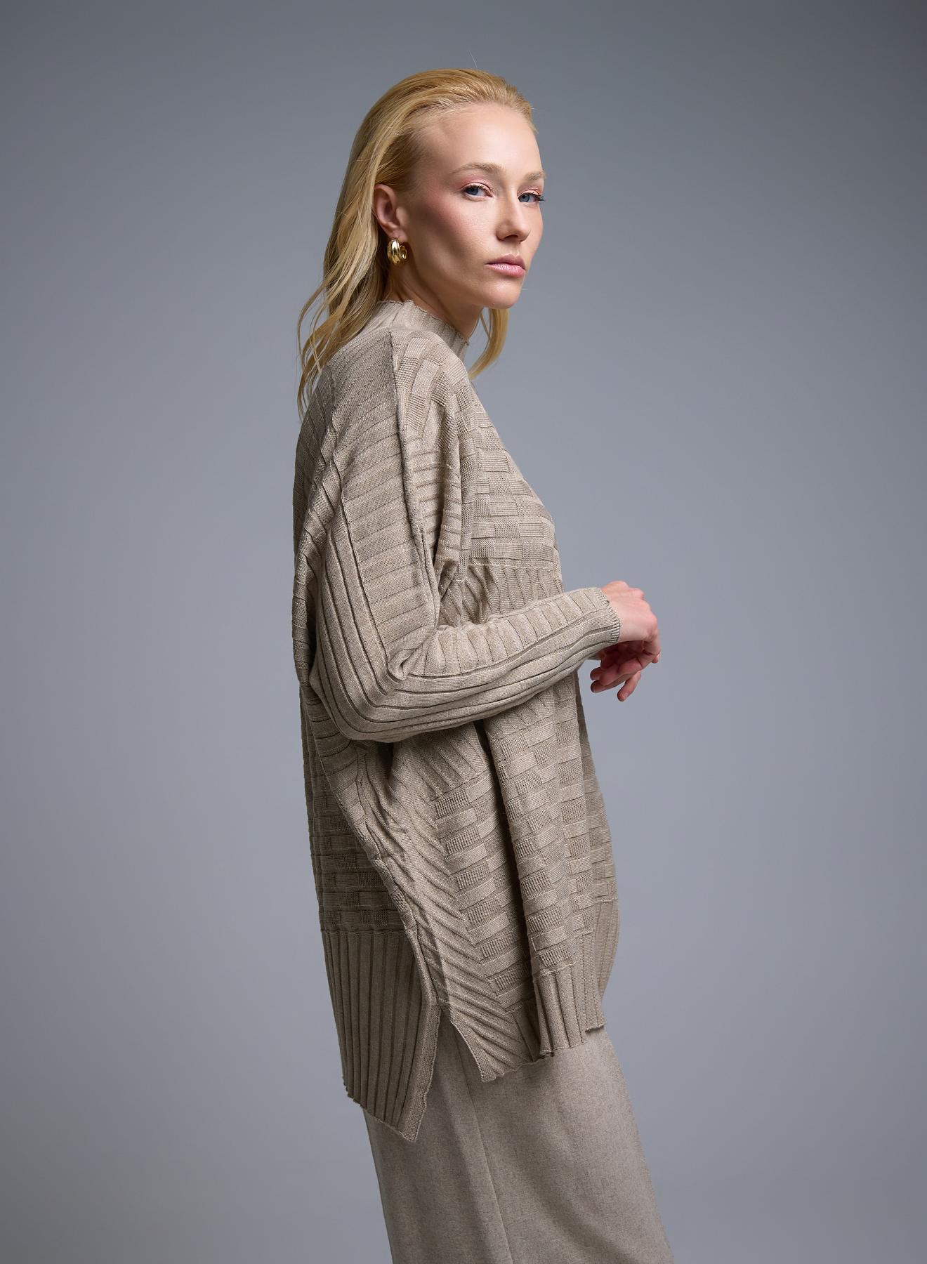 Taupe oversized high neck Sweater with textured details See - 3
