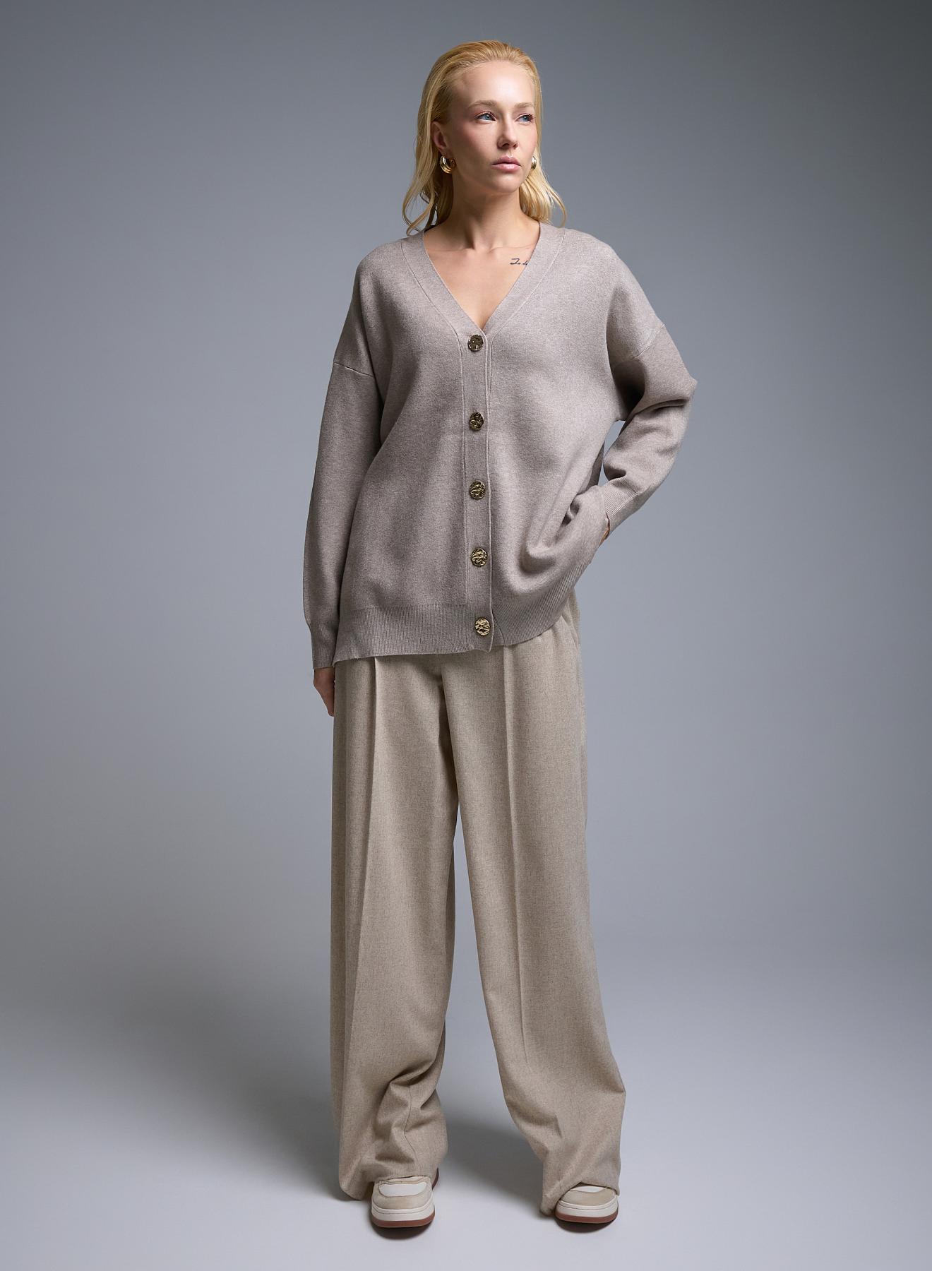 Taupe Cardigan with V neckline and with golden buttons Lara - 4