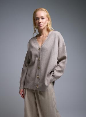 Taupe Cardigan with V neckline and with golden buttons Lara - 50878