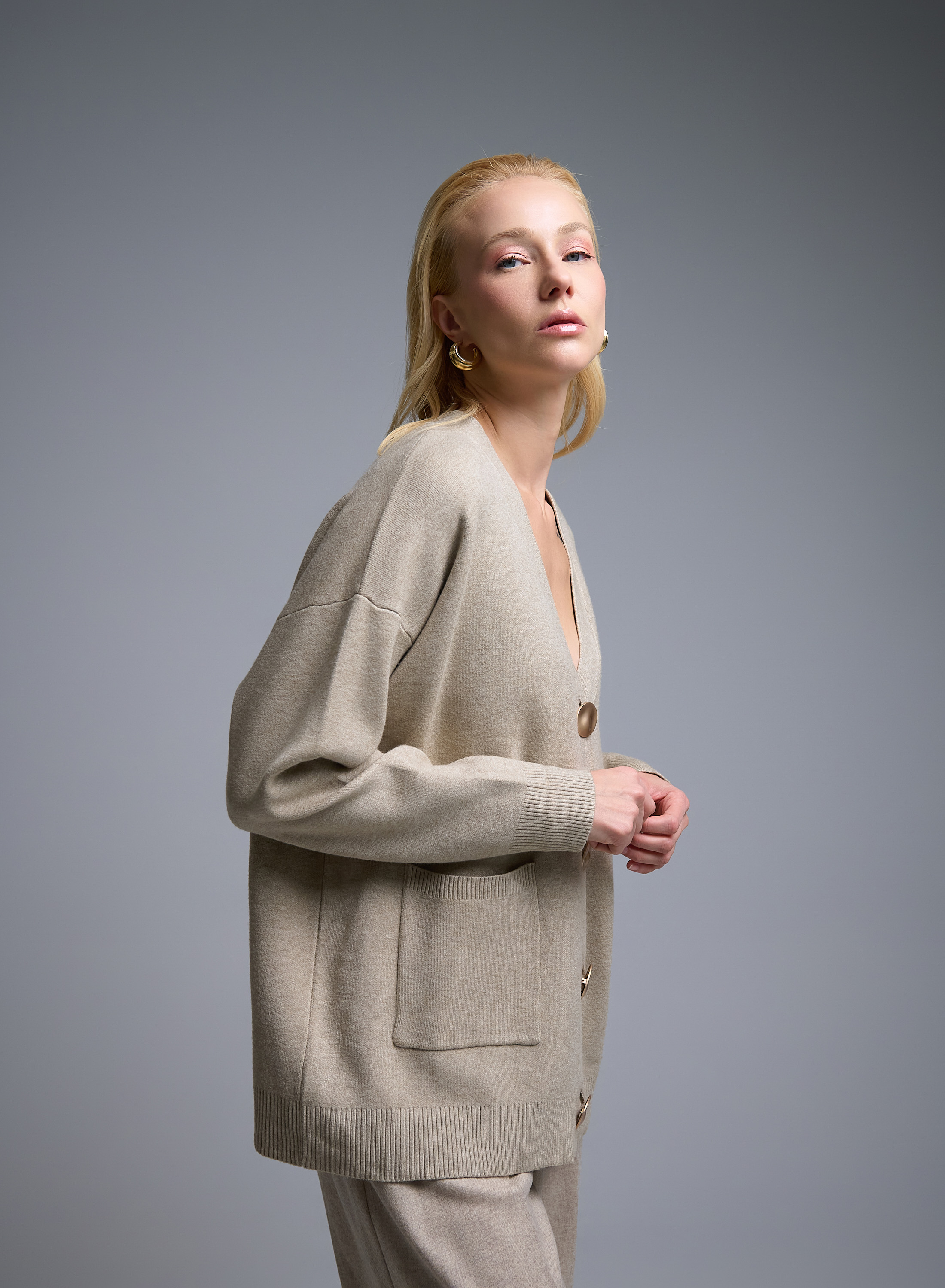 Beige Cardigan with V neckline, patch pockets and with golden buttons Lara - 1