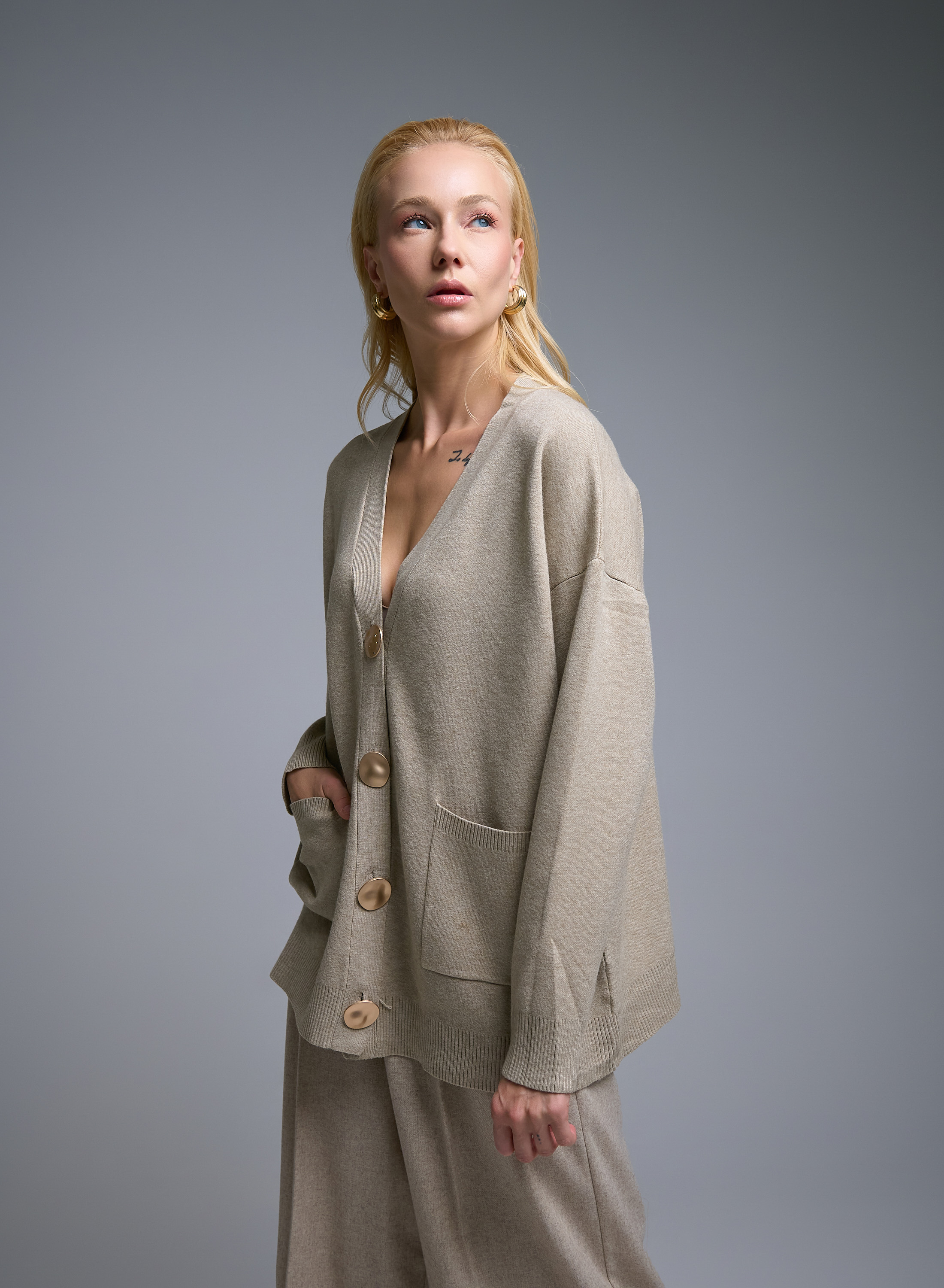 Beige Cardigan with V neckline, patch pockets and with golden buttons Lara - 0