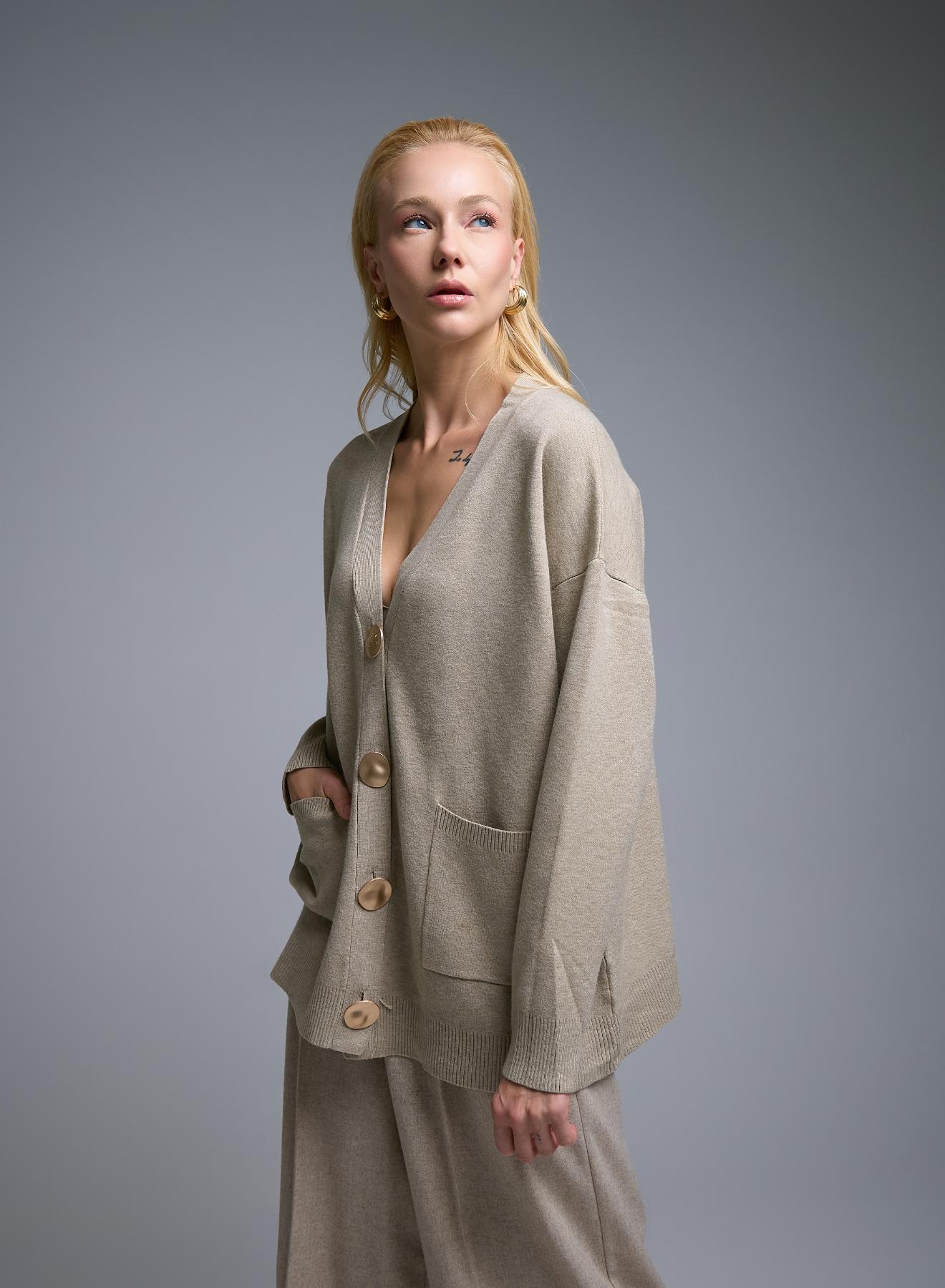 Beige Cardigan with V neckline, patch pockets and with golden buttons Lara - 1