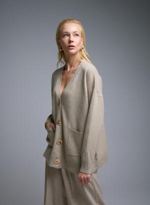 Beige Cardigan with V neckline, patch pockets and with golden buttons Lara - 51010