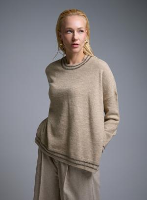 Beige Sweater with round neck and with side slits See - 51011