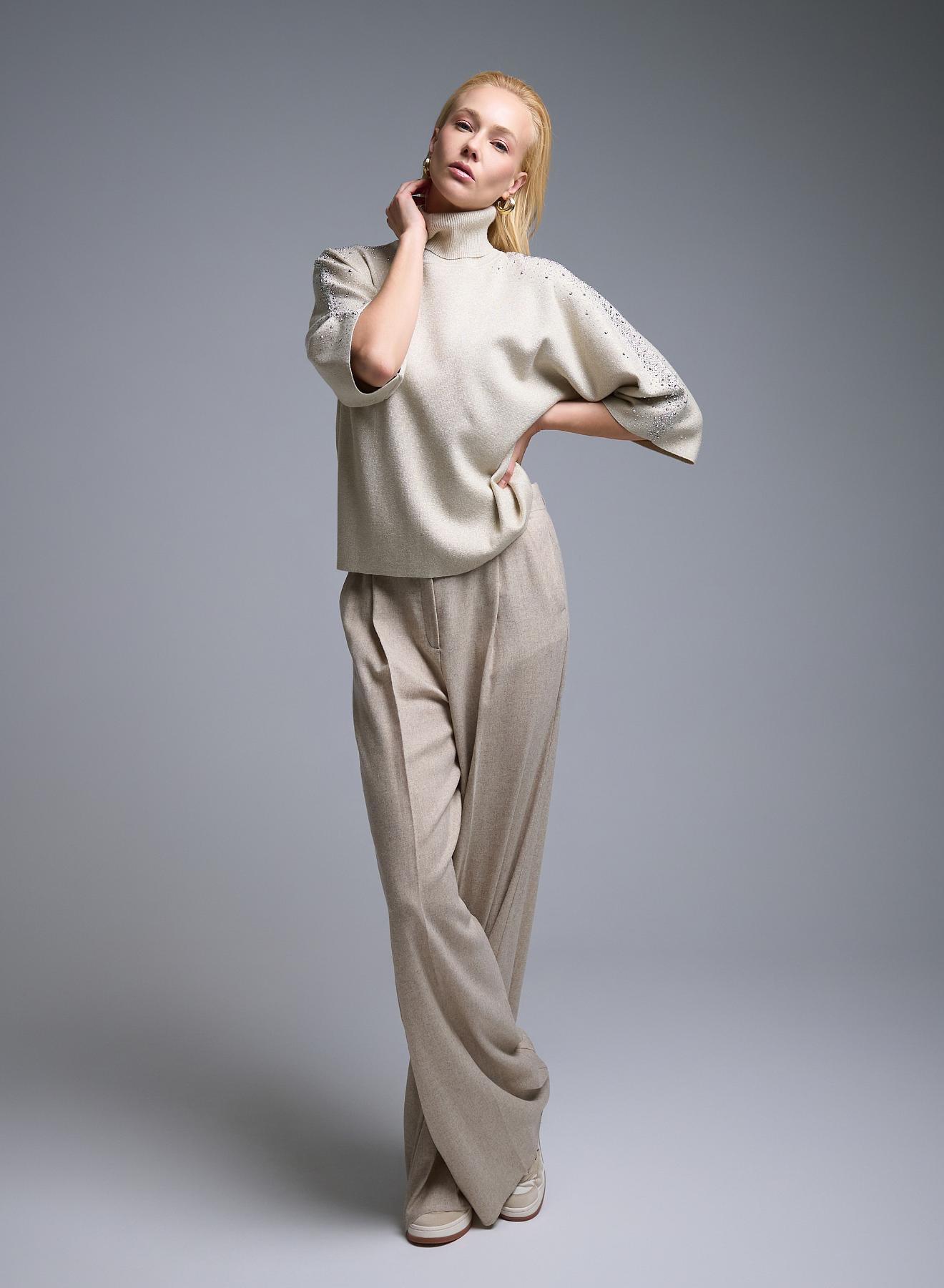 Εκρού Πουλόβερ ζιβάγκο με τρία τέταρτα μανίκια με στρας Valentina Milano - 3