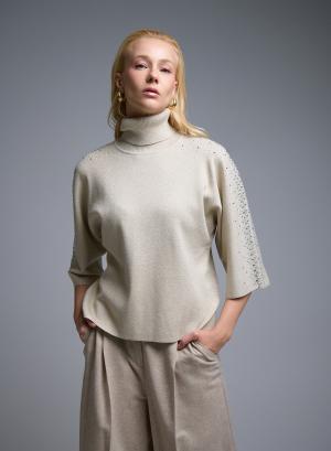 Εκρού Πουλόβερ ζιβάγκο με τρία τέταρτα μανίκια με στρας Valentina Milano - 51019