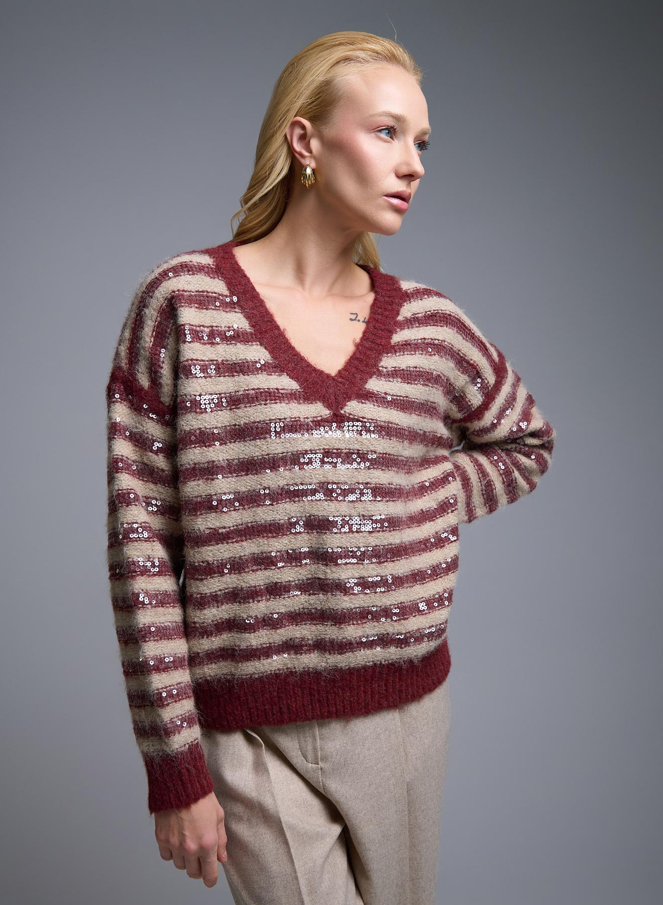 Beige-Bordeaux striped Sweater with V aneckline and with sequins La Liberta - 2