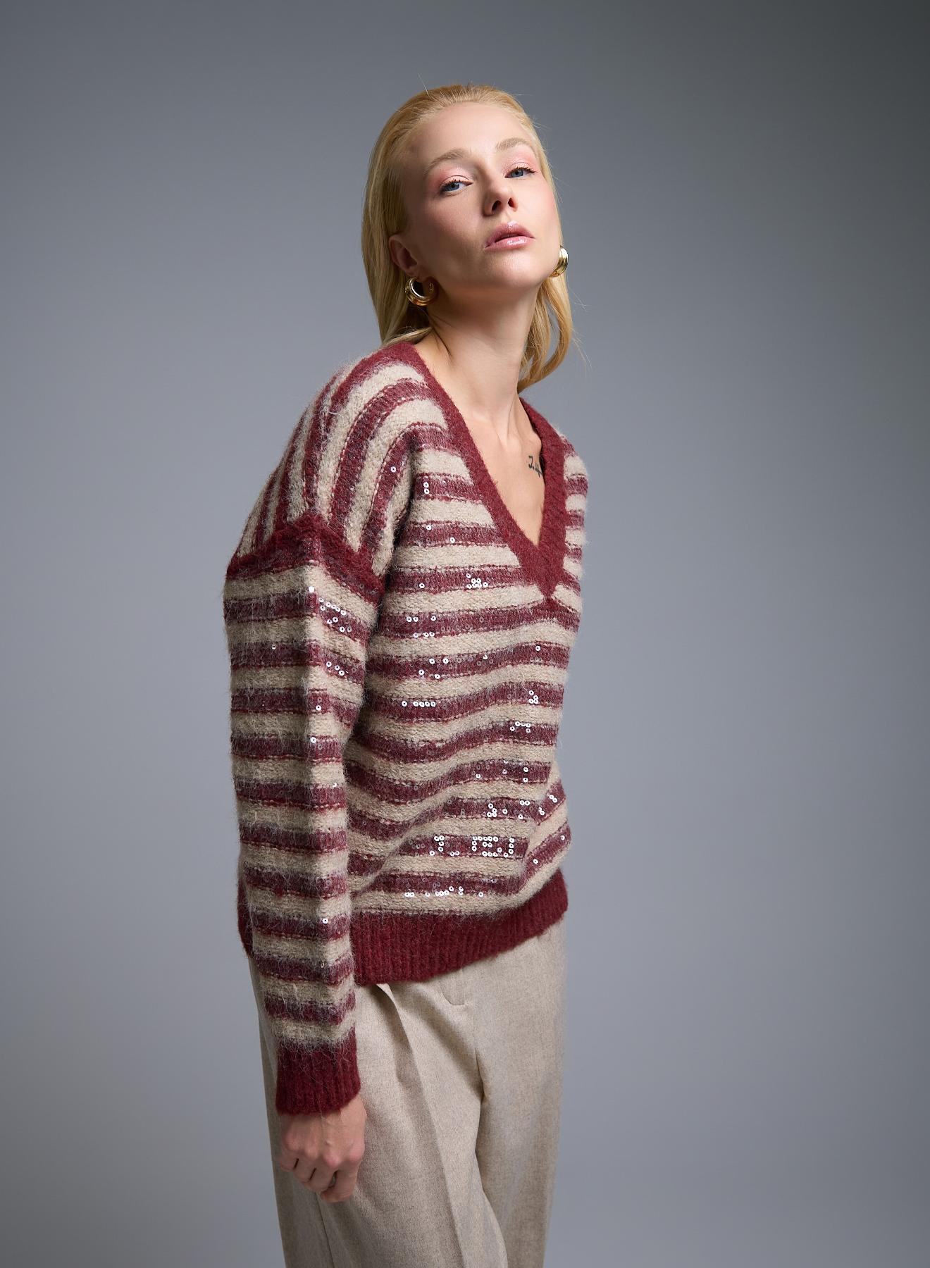 Beige-Bordeaux striped Sweater with V aneckline and with sequins La Liberta - 1