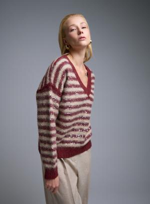 Beige-Bordeaux striped Sweater with V aneckline and with sequins La Liberta - 51053