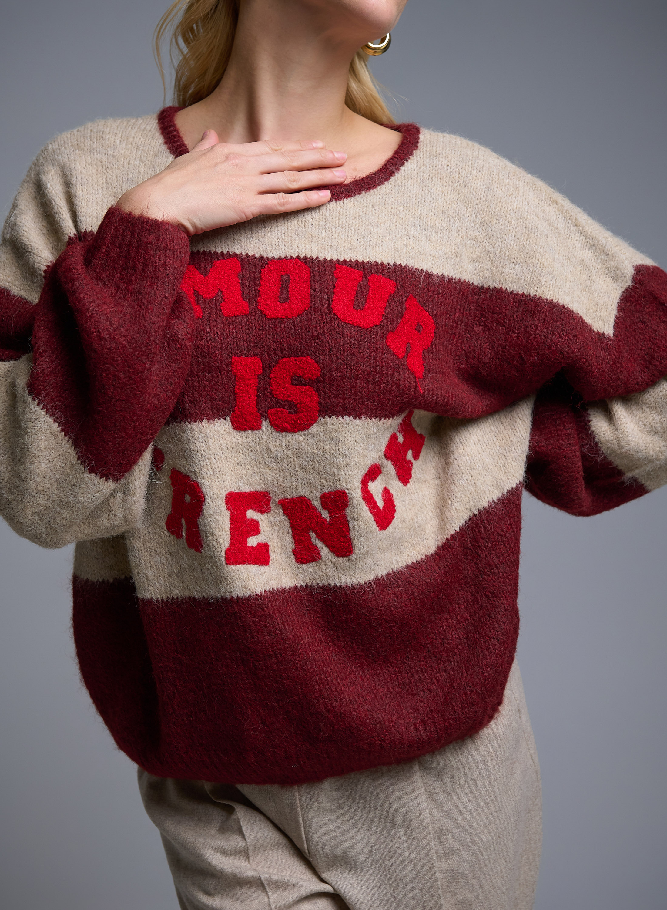 Beige-Bordeaux Sweater amour with round aneckline La Liberta - 2