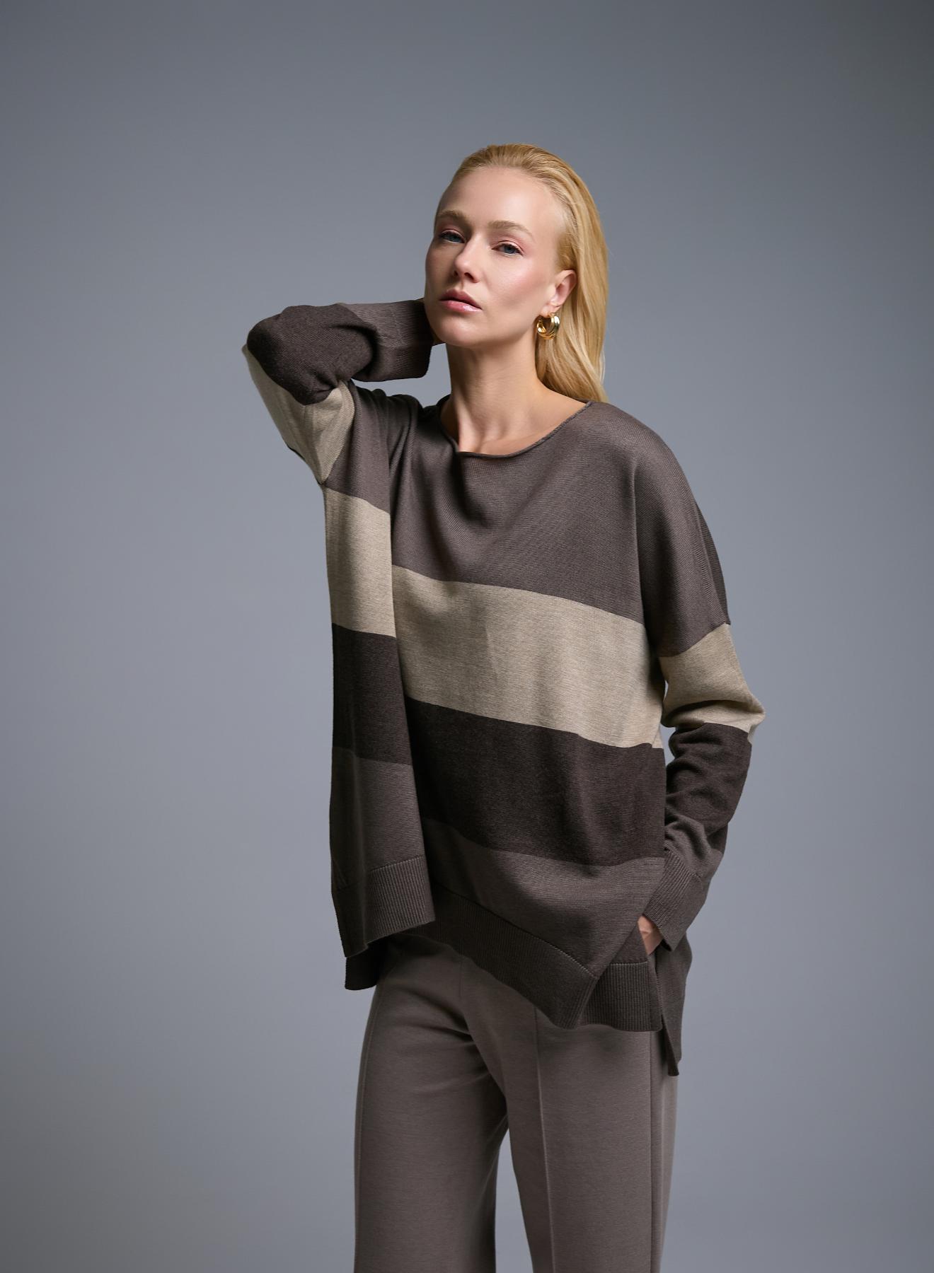 Taupe-Σοκολά-Μπεζ Πουλόβερ με φαρδιές ρίγες σε χαλαρή γραμμή See - 2