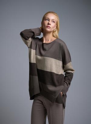 Taupe-Σοκολά-Μπεζ Πουλόβερ με φαρδιές ρίγες σε χαλαρή γραμμή See - 51121