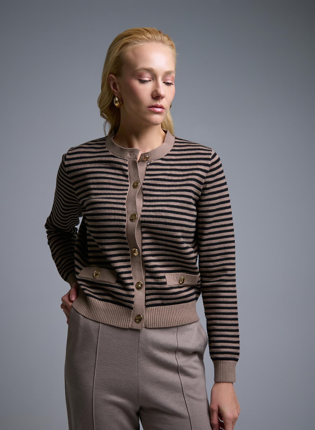 Taupe-Black Knitted Cardigan with stripes and with golden buttons Lara - 1