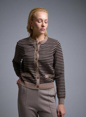 Taupe-Black Knitted Cardigan with stripes and with golden buttons Lara - 51137
