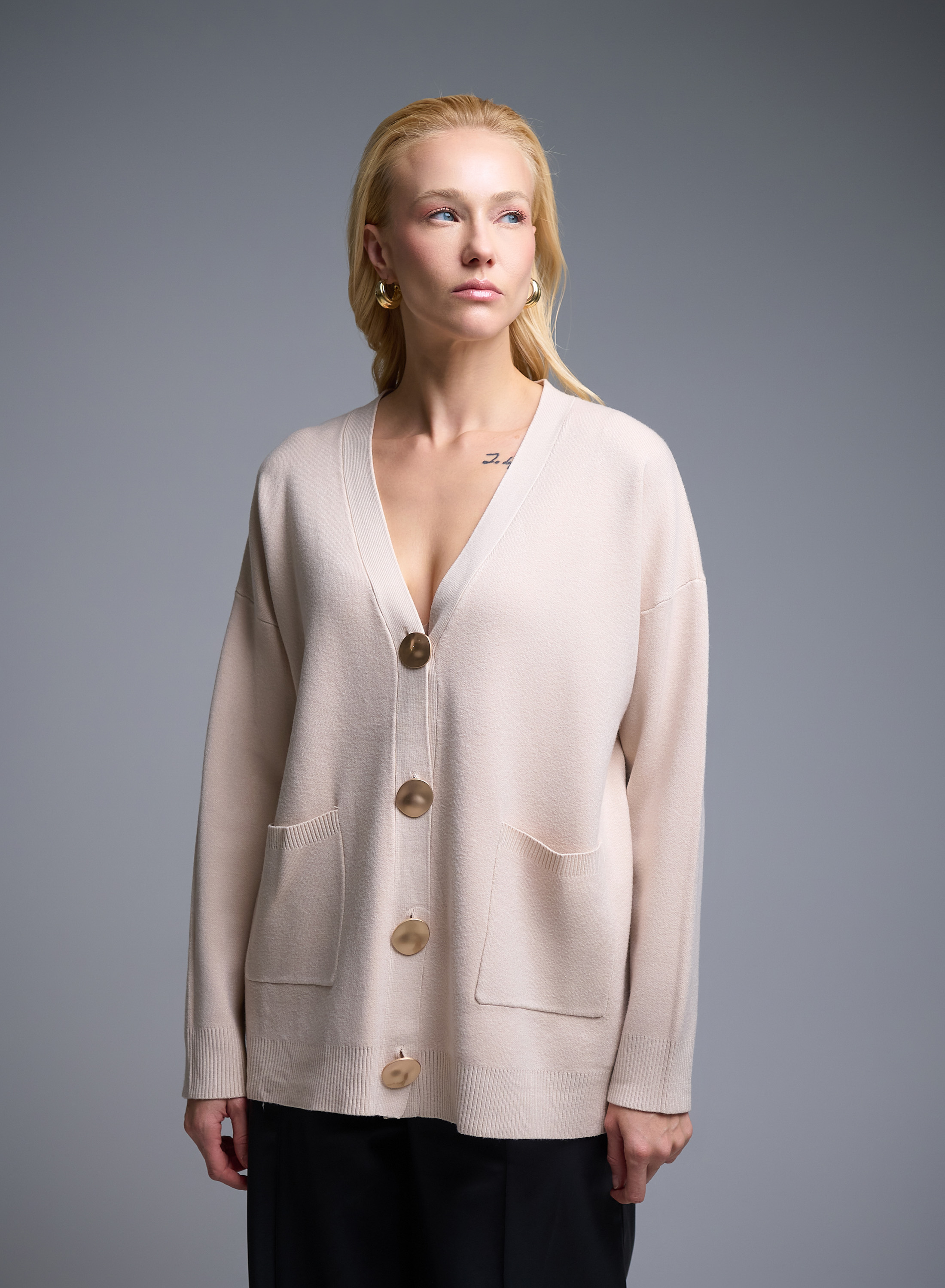 Ecru Cardigan with V neckline, patch pockets and with golden buttons Lara - 1