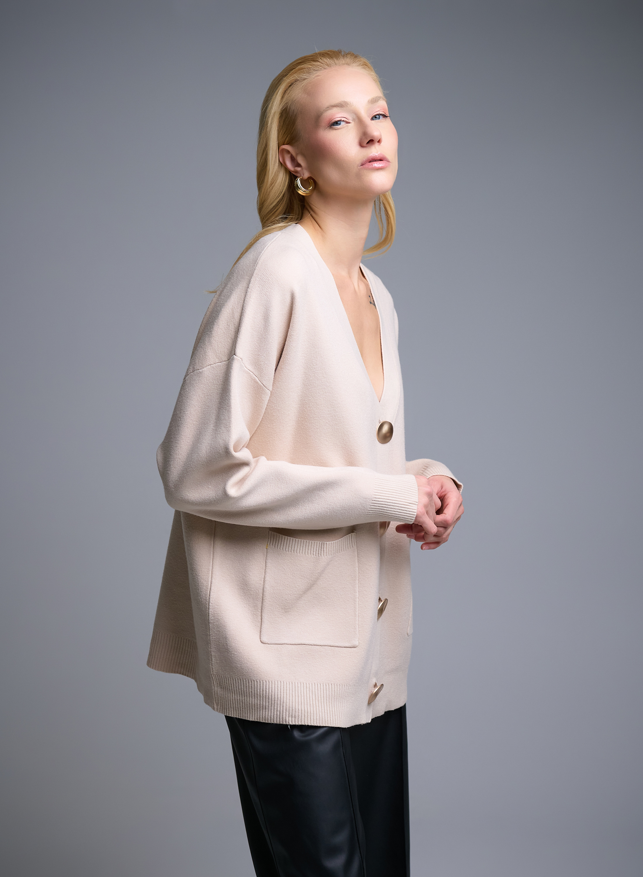 Ecru Cardigan with V neckline, patch pockets and with golden buttons Lara - 0