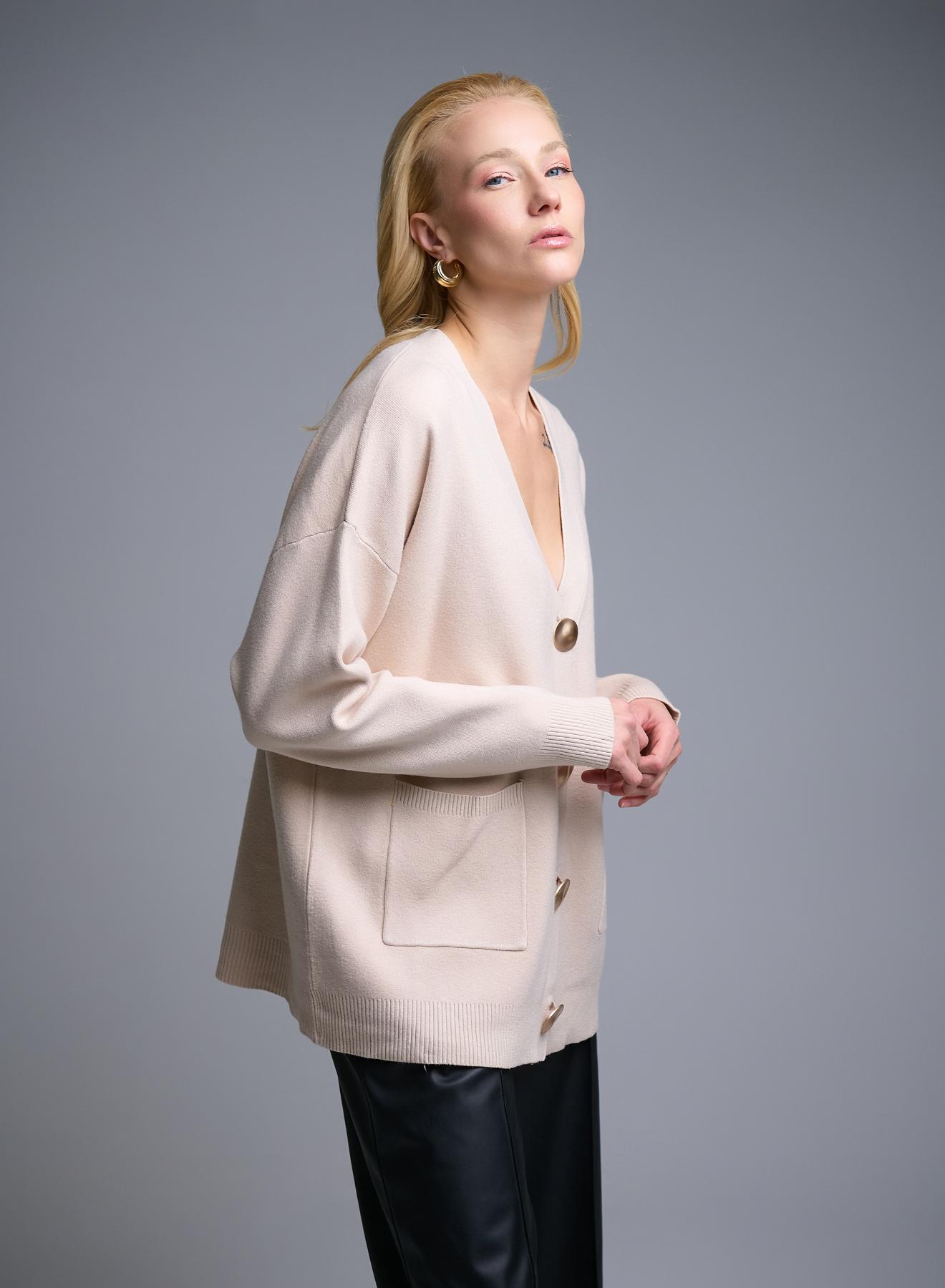 Ecru Cardigan with V neckline, patch pockets and with golden buttons Lara - 1