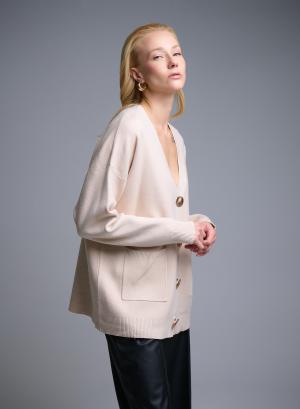 Ecru Cardigan with V neckline, patch pockets and with golden buttons Lara - 51199