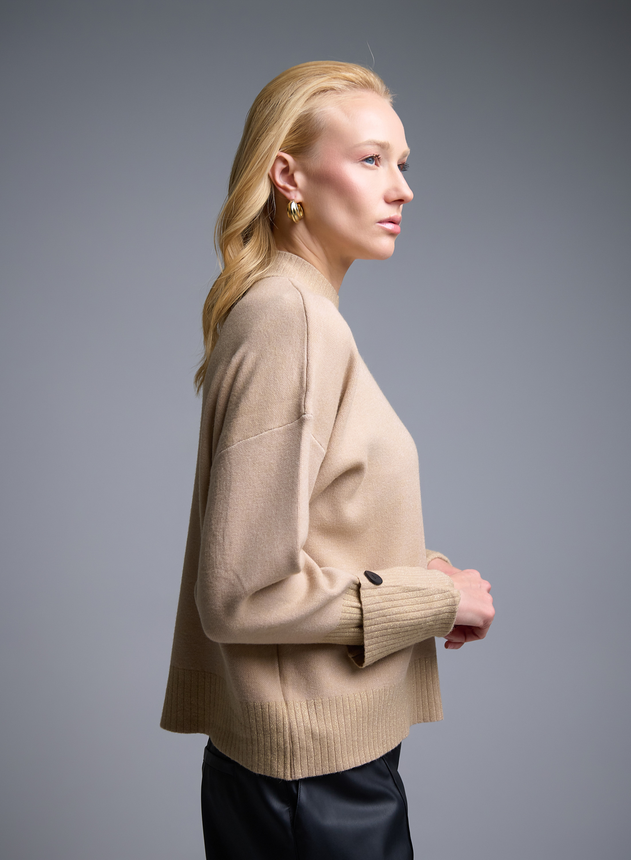 Camel high neck Sweater with turned up sleeves and lurex details La Liberta - 1