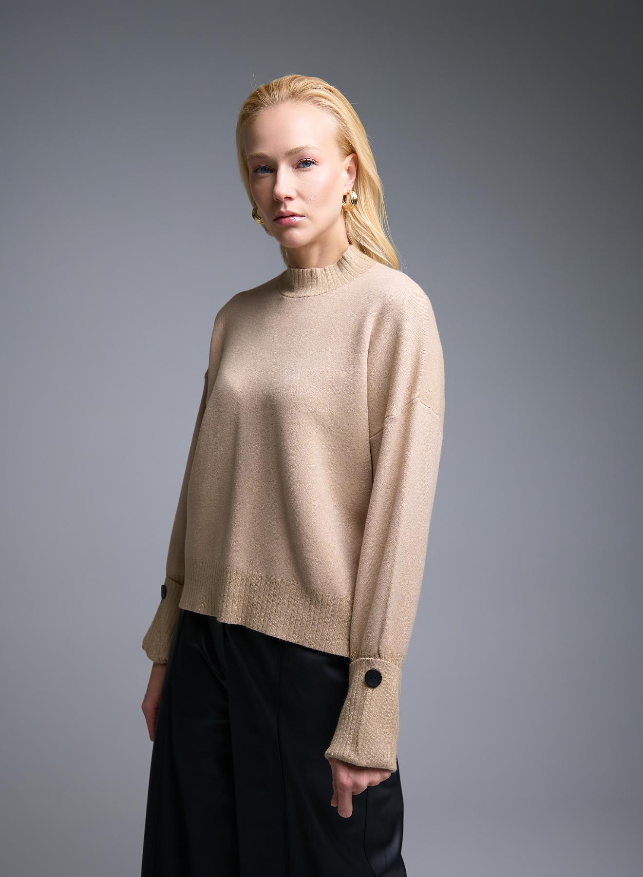 Camel high neck Sweater with turned up sleeves and lurex details La Liberta - 1