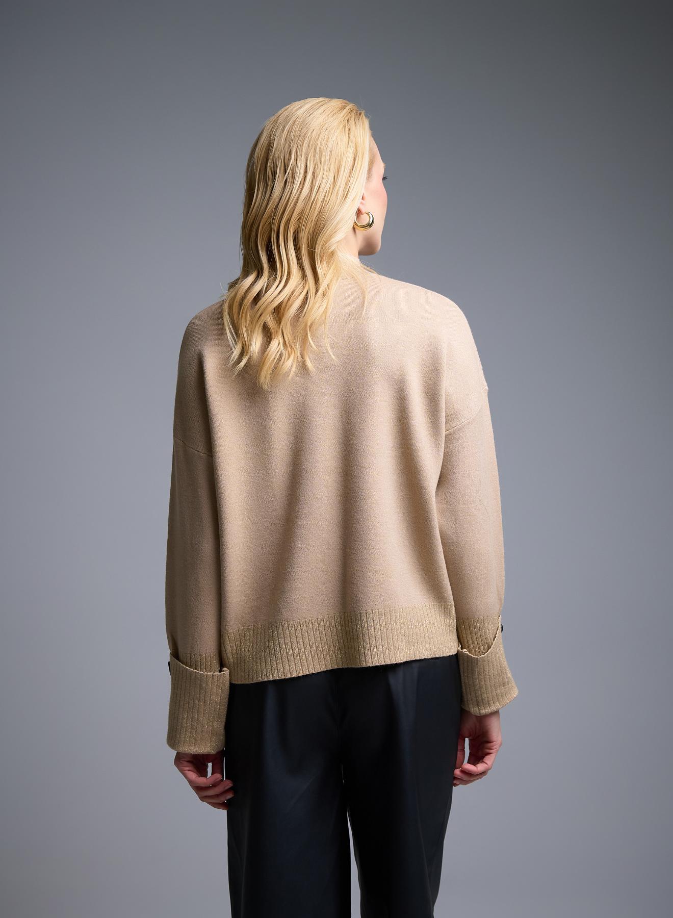 Camel high neck Sweater with turned up sleeves and lurex details La Liberta - 3
