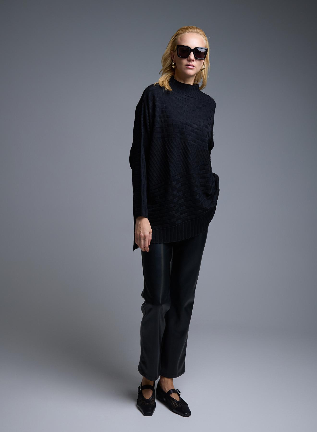 Μαύρο oversized Πουλόβερ ημιζιβάγκο με ανάγλυφες λεπτομέρειες See - 2