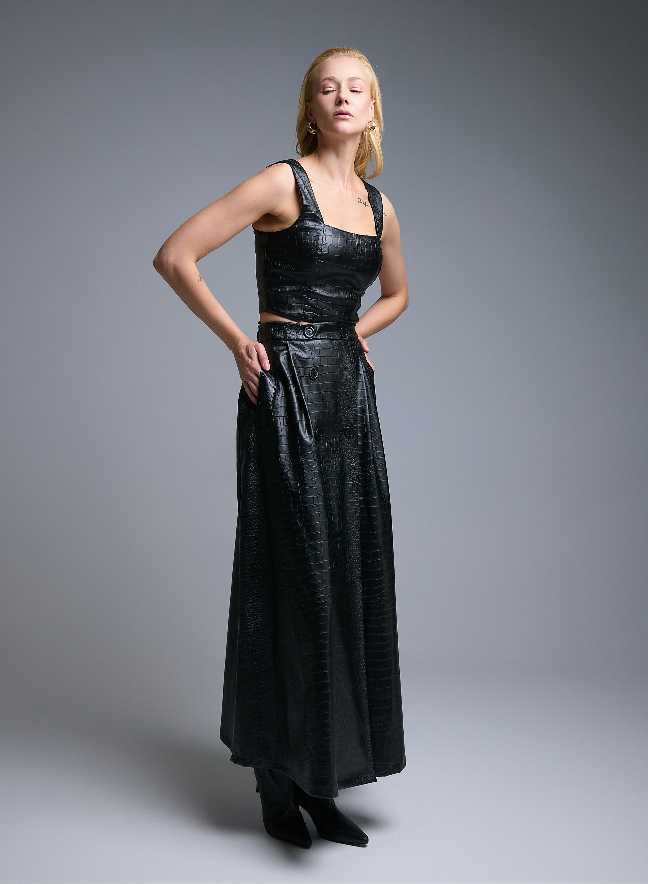 Black eco leather Top with straps and croco effect Imperial - 1