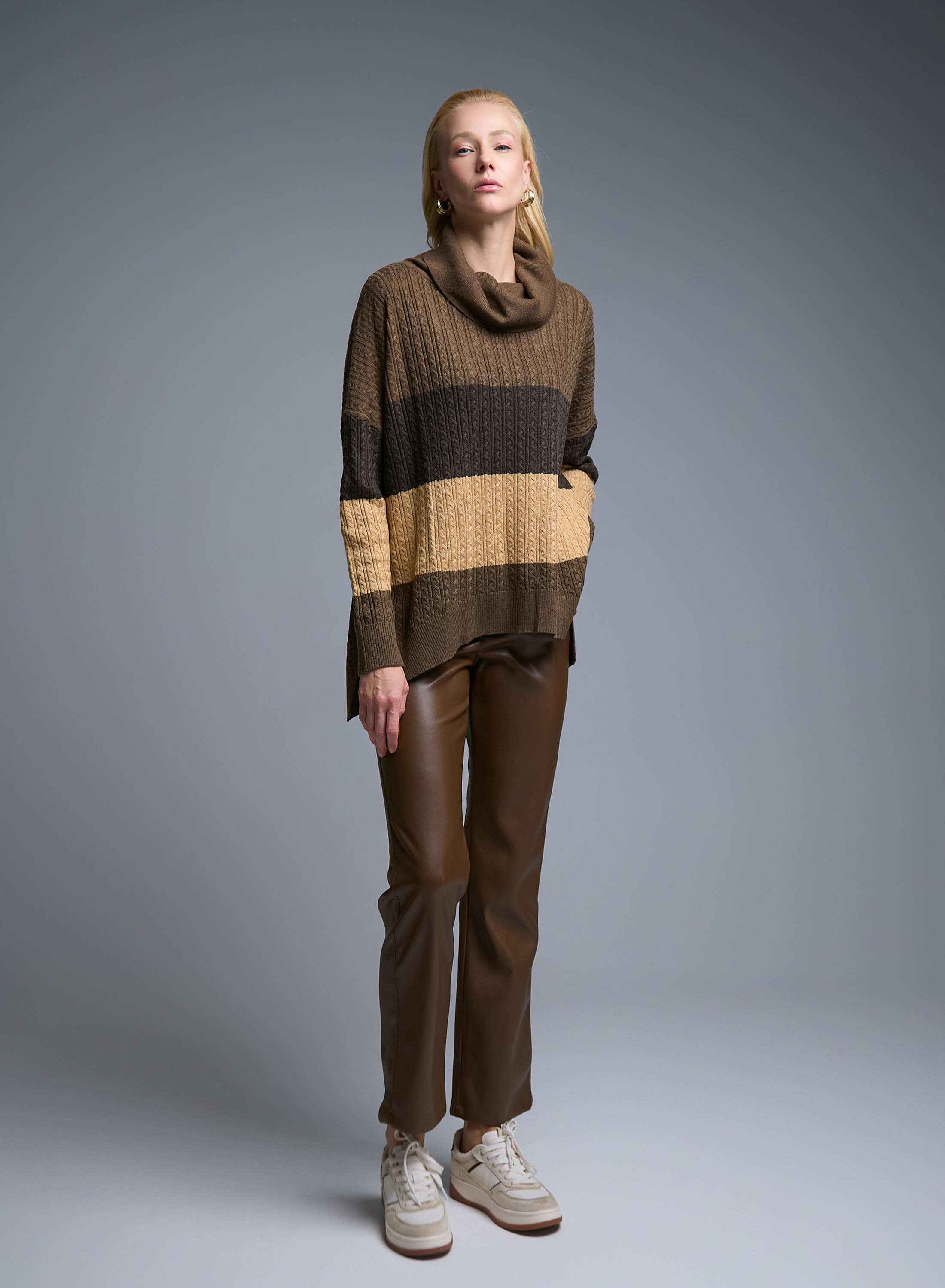 Σοκολά-Γκρι-Κάμελ Πουλόβερ ζιβάγκο με φαρδιές ρίγες και ανάγλυφες λεπτομέρειες σε χαλαρή γραμμή See - 2