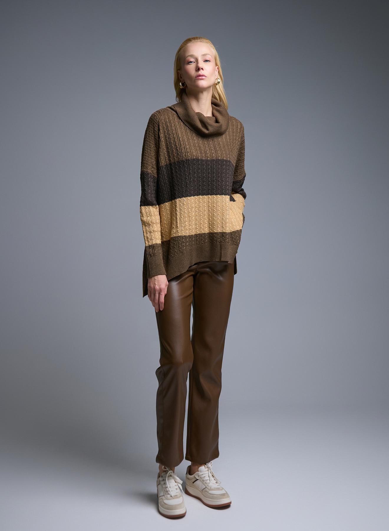 Σοκολά-Γκρι-Κάμελ Πουλόβερ ζιβάγκο με φαρδιές ρίγες και ανάγλυφες λεπτομέρειες σε χαλαρή γραμμή See - 3