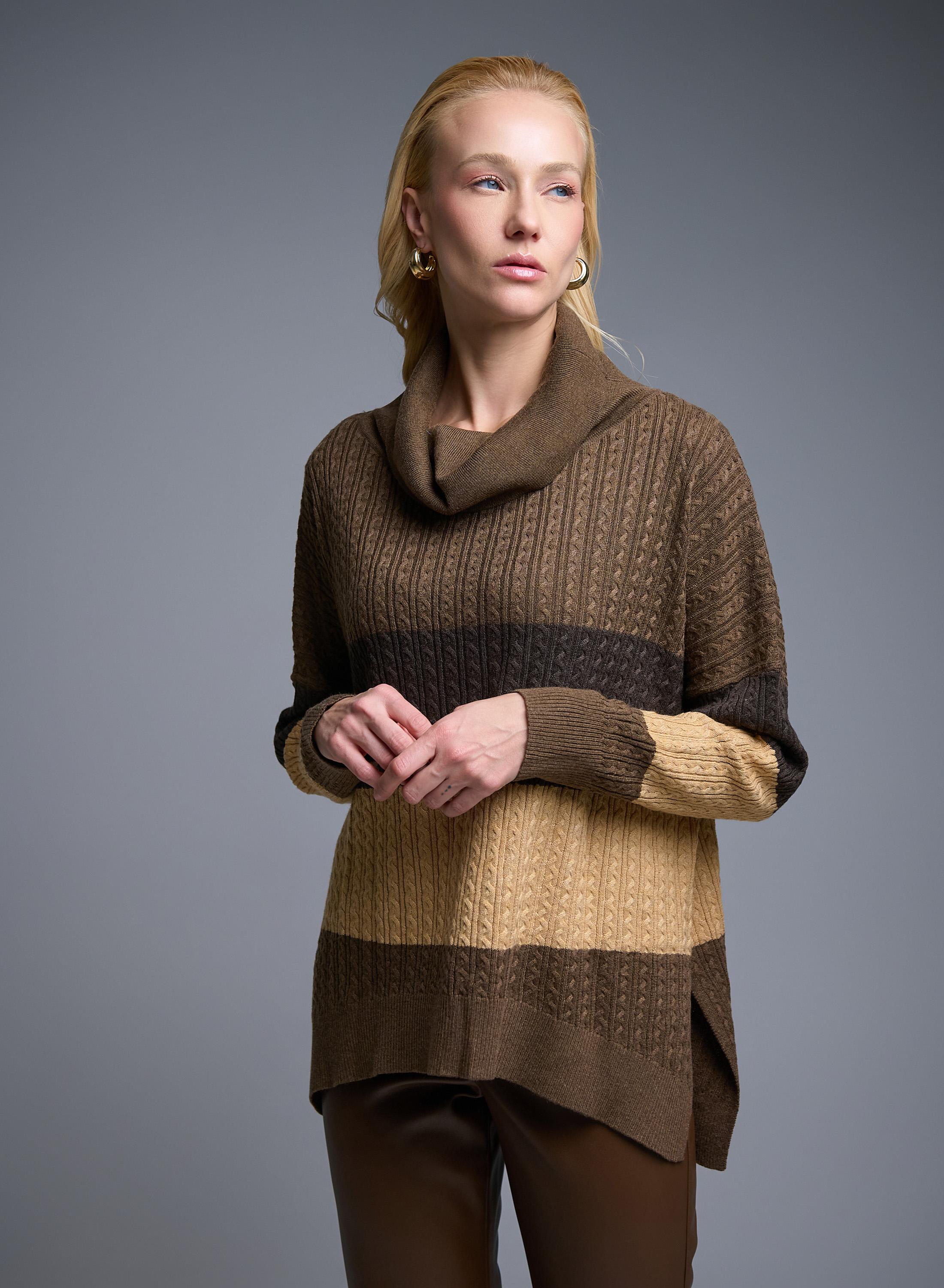 Σοκολά-Γκρι-Κάμελ Πουλόβερ ζιβάγκο με φαρδιές ρίγες και ανάγλυφες λεπτομέρειες σε χαλαρή γραμμή See - 0