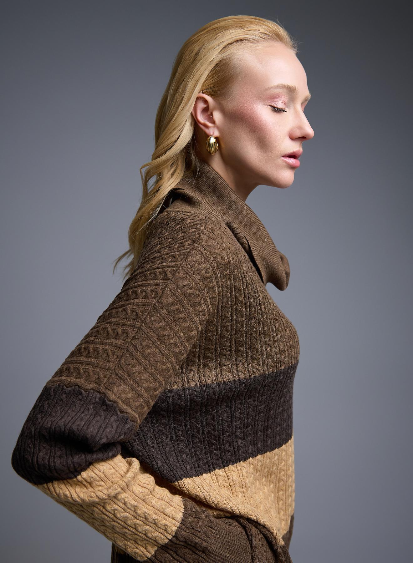 Σοκολά-Γκρι-Κάμελ Πουλόβερ ζιβάγκο με φαρδιές ρίγες και ανάγλυφες λεπτομέρειες σε χαλαρή γραμμή See - 5