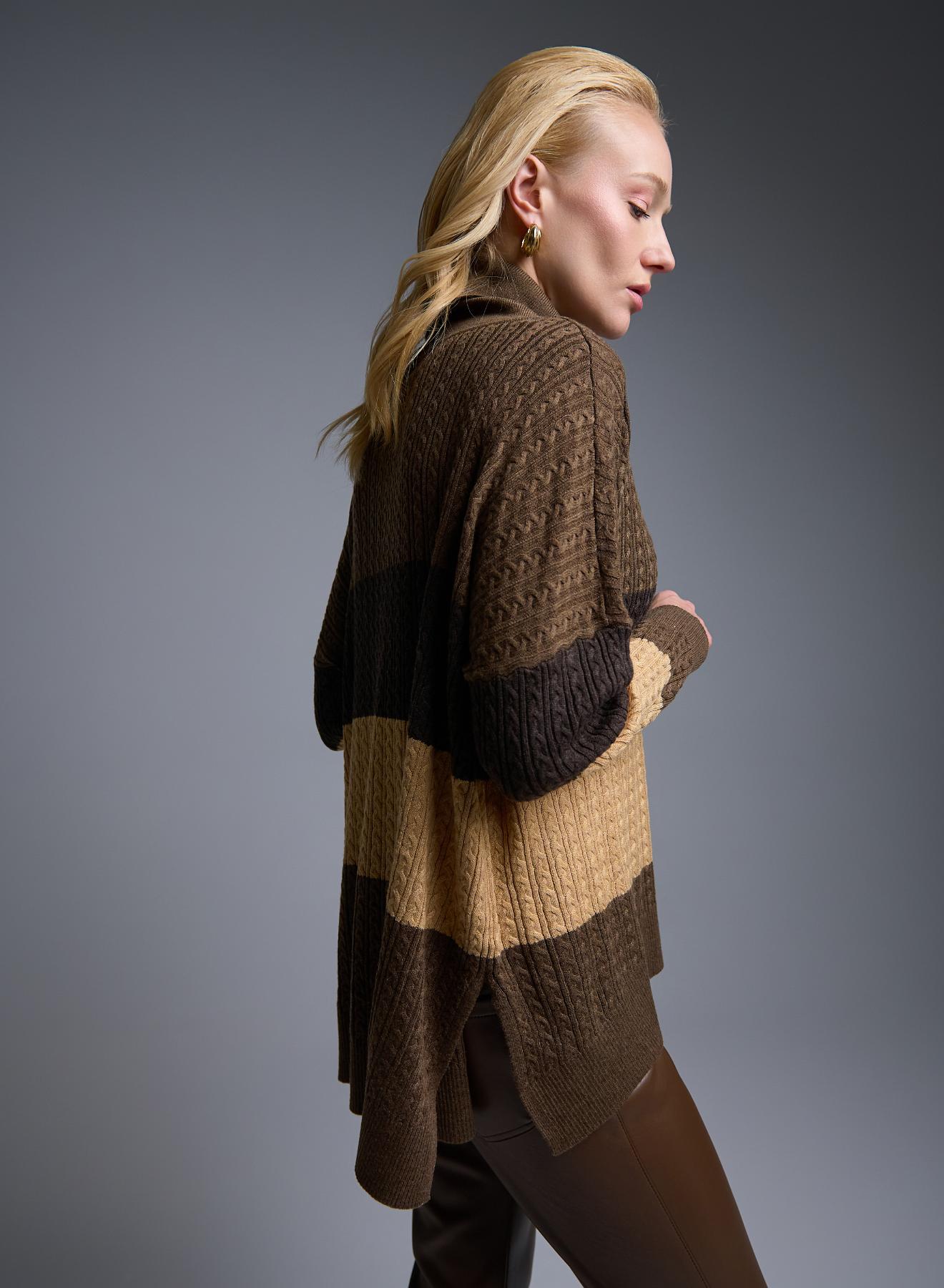 Σοκολά-Γκρι-Κάμελ Πουλόβερ ζιβάγκο με φαρδιές ρίγες και ανάγλυφες λεπτομέρειες σε χαλαρή γραμμή See - 2