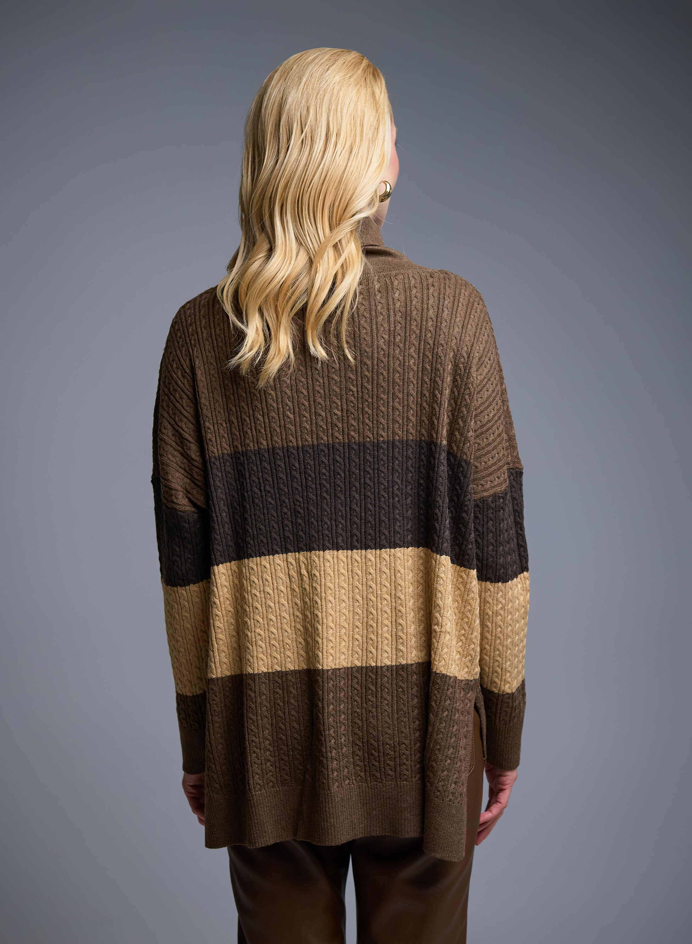 Σοκολά-Γκρι-Κάμελ Πουλόβερ ζιβάγκο με φαρδιές ρίγες και ανάγλυφες λεπτομέρειες σε χαλαρή γραμμή See - 5