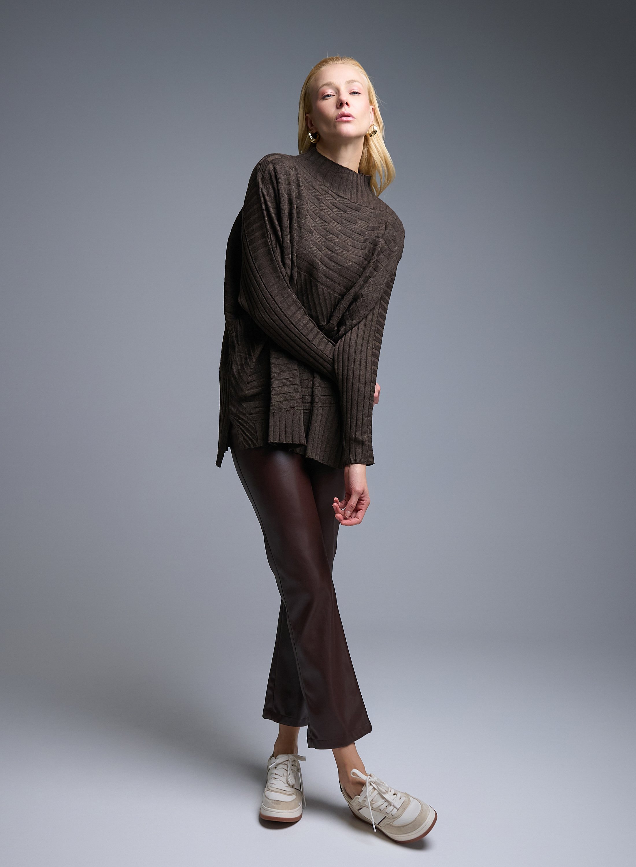Brown oversized high neck Sweater with textured details See - 3