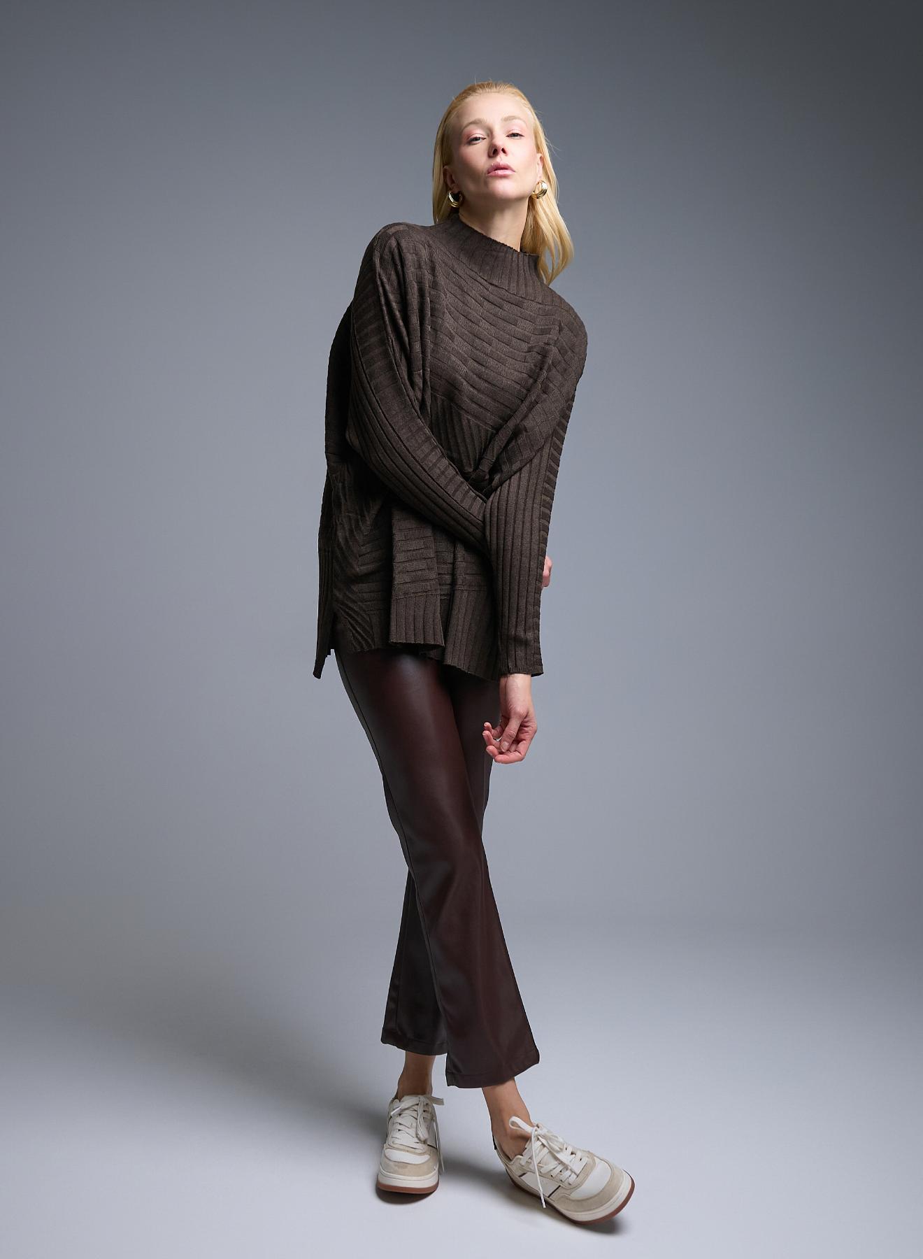 Brown oversized high neck Sweater with textured details See - 4