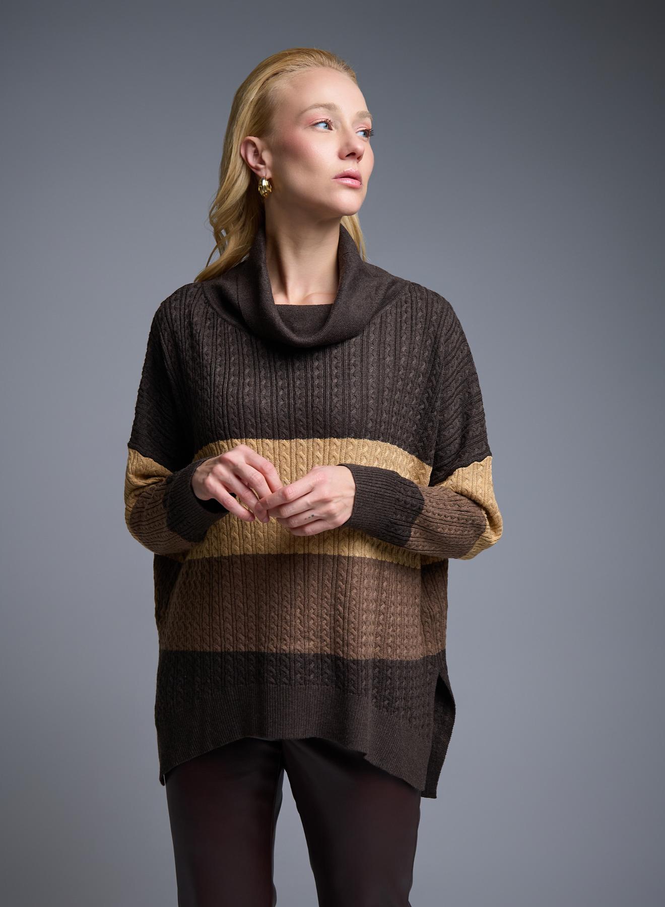 Brown-Camel-Caffe loose fit turtleneck Sweater with wide stripes and with texture details See - 1
