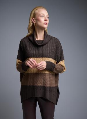 Brown-Camel-Caffe loose fit turtleneck Sweater with wide stripes and with texture details See - 51802