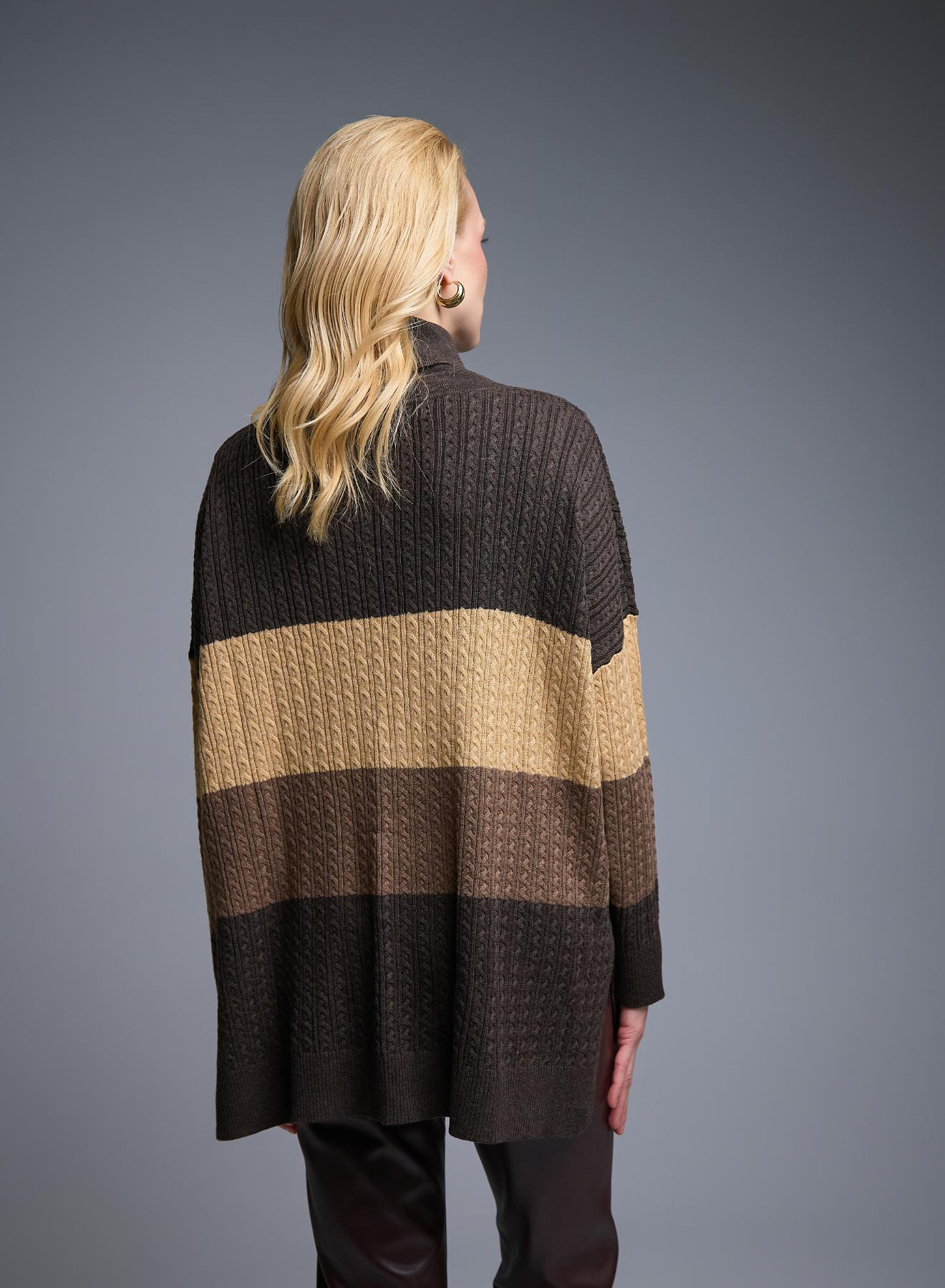 Brown-Camel-Caffe loose fit turtleneck Sweater with wide stripes and with texture details See - 3
