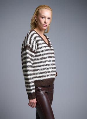 Brown-Ecru striped Sweater with V aneckline and with sequins La Liberta - 51901