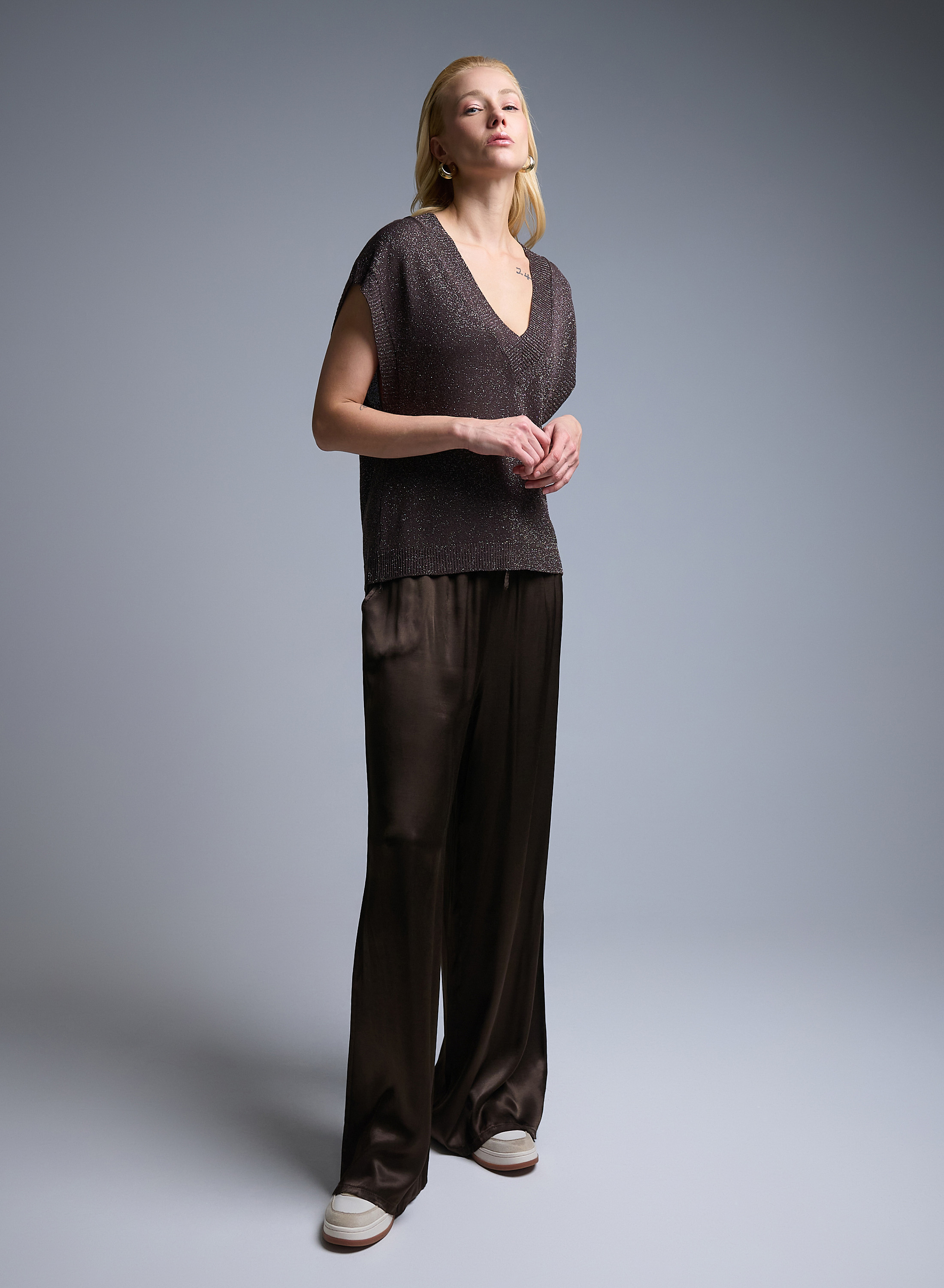 Brown sleeveless knitted lurex Blouse with V neckline  Valentina Milano - 1