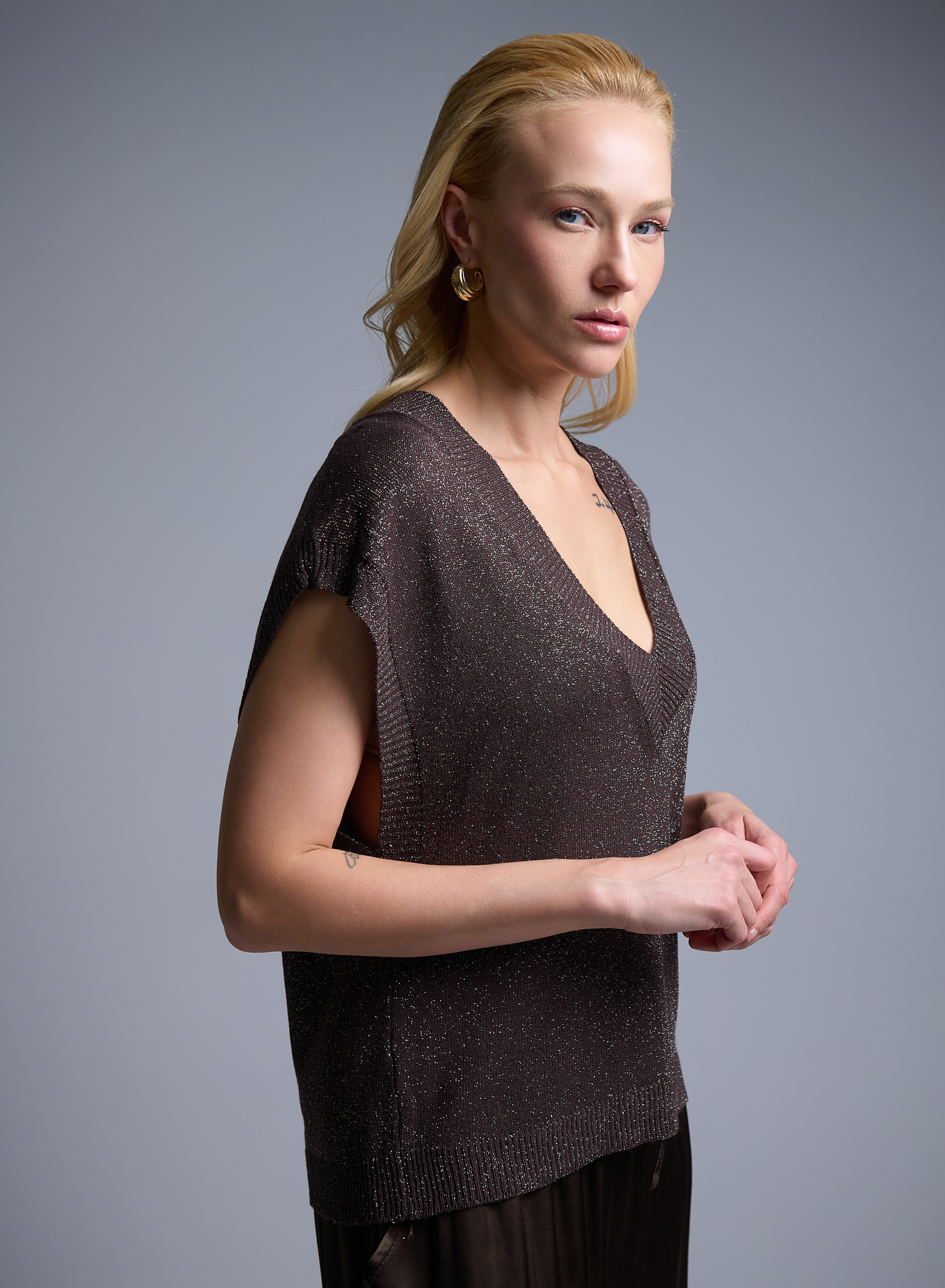 Brown sleeveless knitted lurex Blouse with V neckline  Valentina Milano - 0