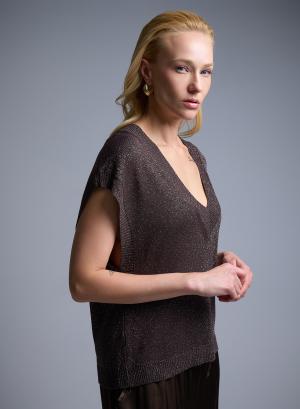 Brown sleeveless knitted lurex Blouse with V neckline  Valentina Milano - 51914