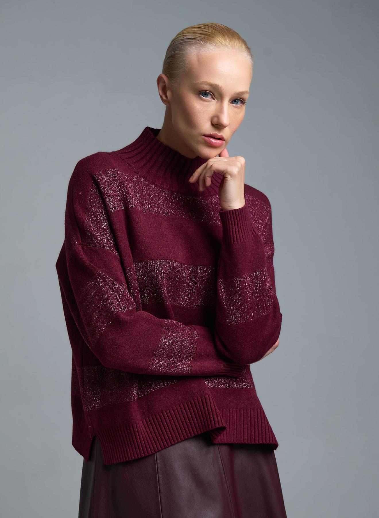 Bordeaux high neck Sweater with wide lurex stripes Valentina Milano - 1
