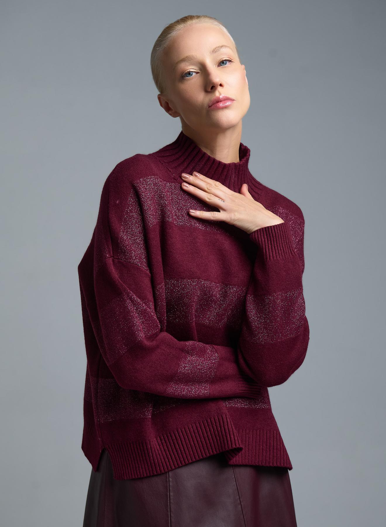 Bordeaux high neck Sweater with wide lurex stripes Valentina Milano - 3