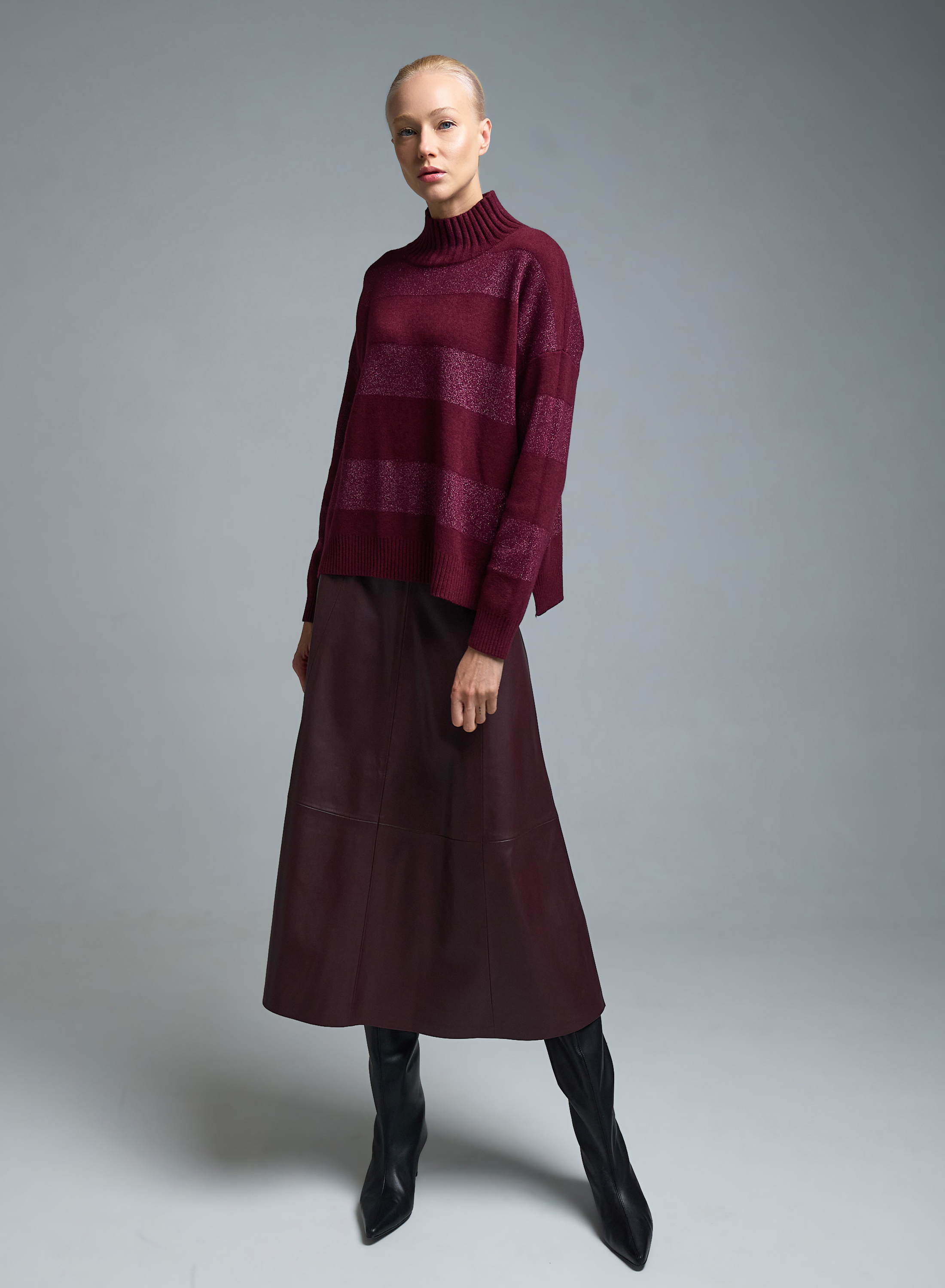 Bordeaux high neck Sweater with wide lurex stripes Valentina Milano - 1