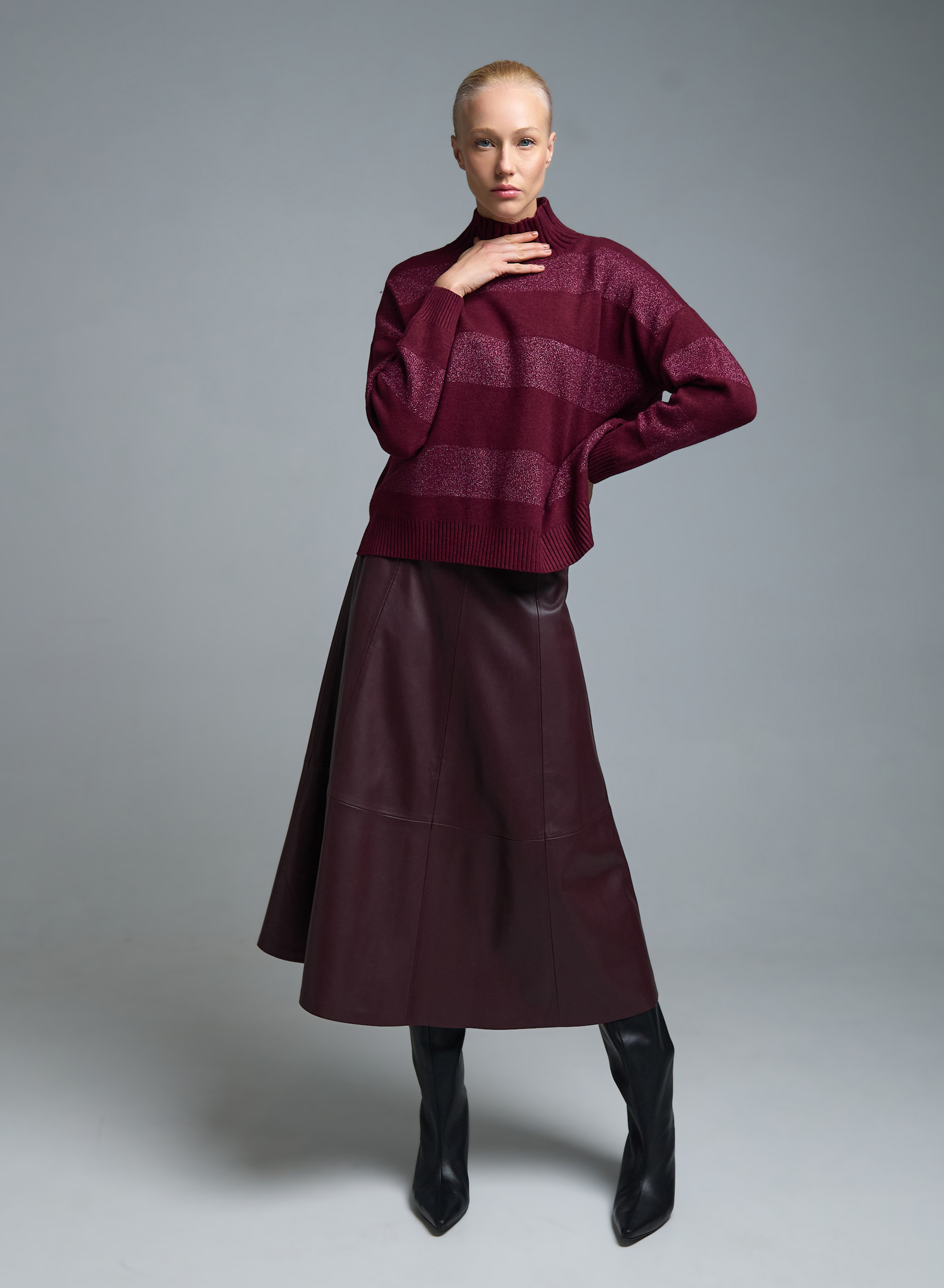 Bordeaux high neck Sweater with wide lurex stripes Valentina Milano - 3