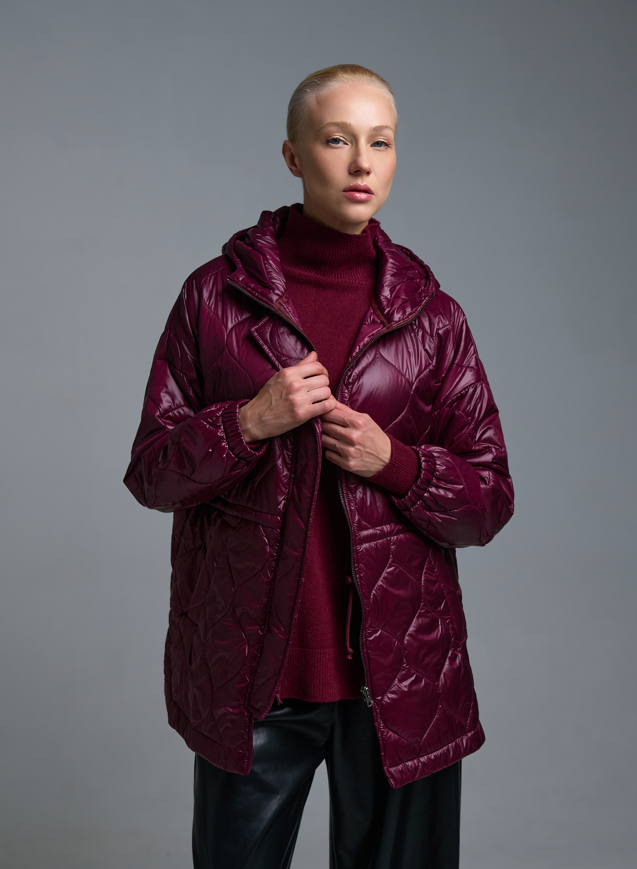 Μπορντώ Μπουφάν με κουκούλα και με κορδόνι στη μέση Milla - 0