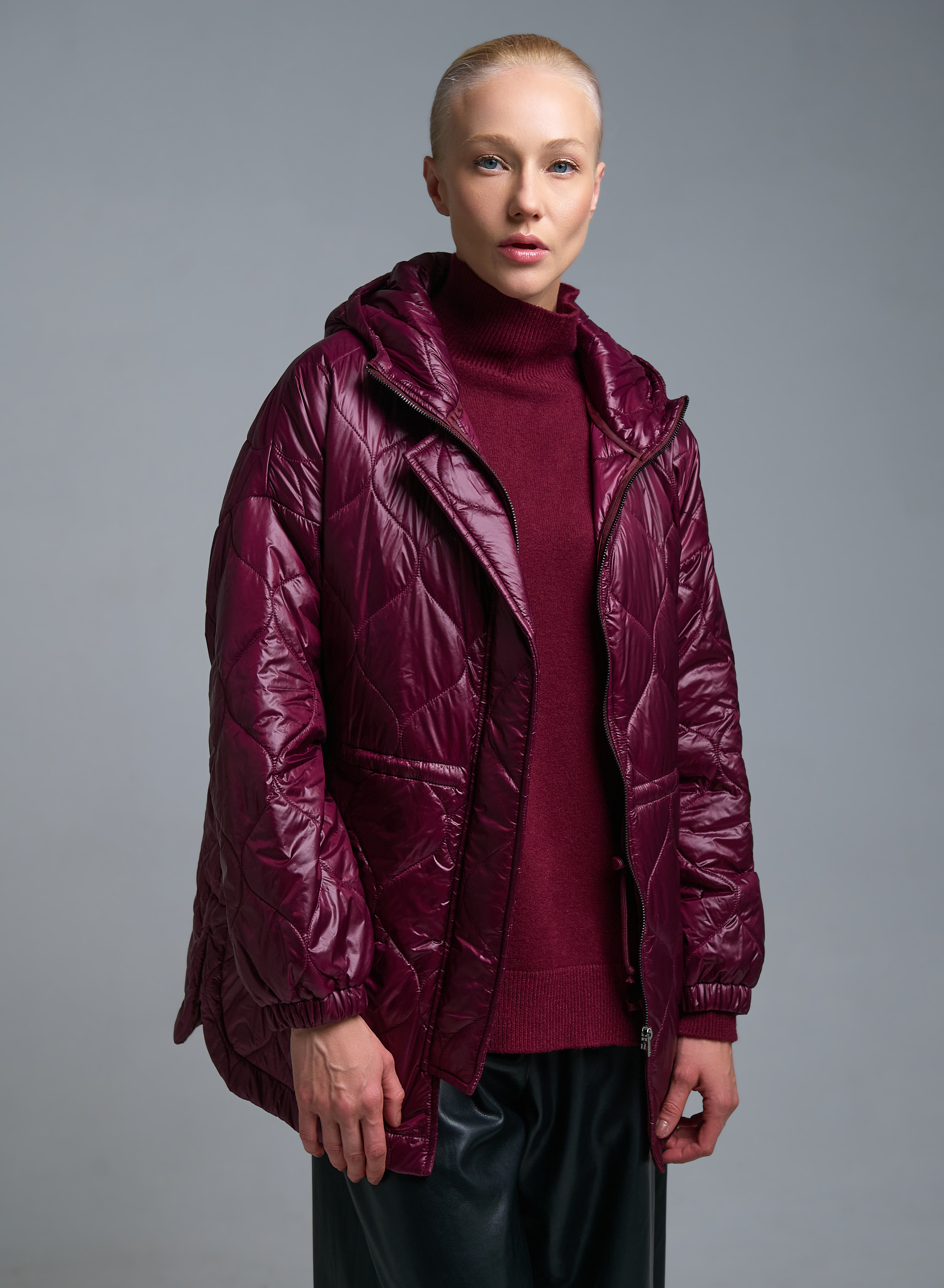 Μπορντώ Μπουφάν με κουκούλα και με κορδόνι στη μέση Milla - 2
